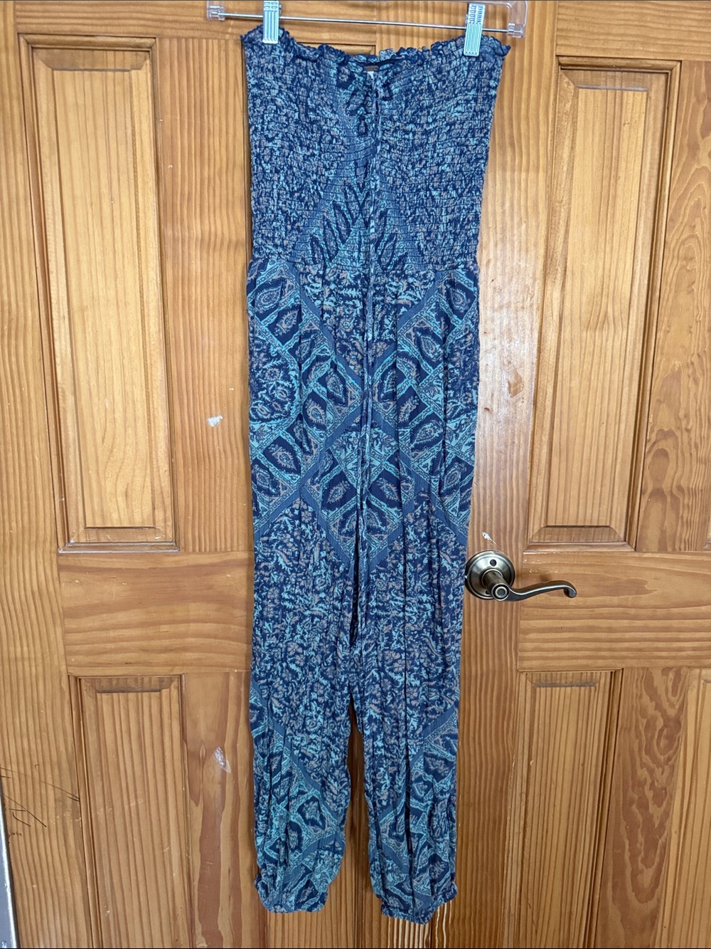 Free People Blue Teal Printed Strapless Jumpsuit